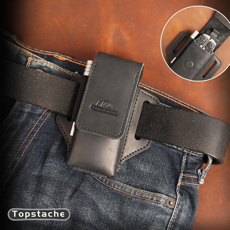 topstache Leather Multitool Sheath for Belt - Leather Multitool Holder for Belt - EDC Belt Organizer Multitool Pouch - Two Magnetic Closure Multitool Holster - Belt Loop Leather Multitool Case, Black - Image 2